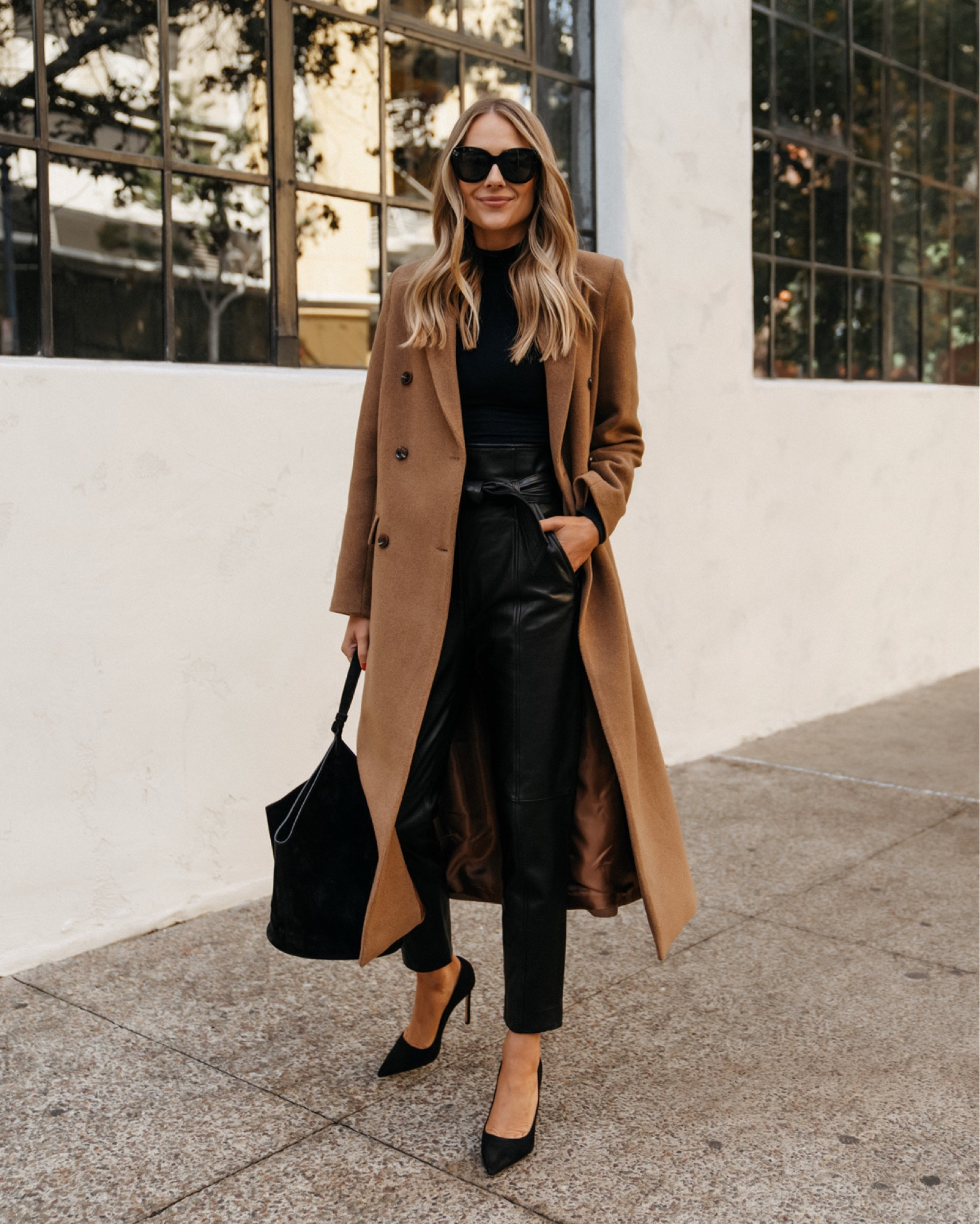 Fashion Jackson wearing camel coat (small) commando bodysuit, black leather pants (tts), black pumps, black suede handbag #falloutfit #camelcoat 

#LTKshoecrush #LTKstyletip #LTKSeasonal