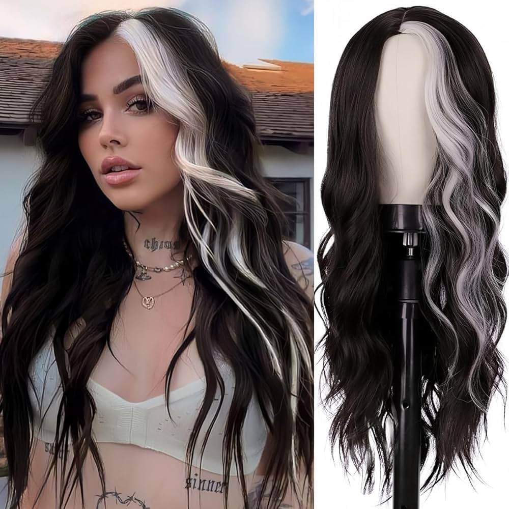 Long Wavy Black White Wigs for Women 26 Inch Middle Part Curly Wavy Wig Natural Looking Synthetic... | Amazon (US)