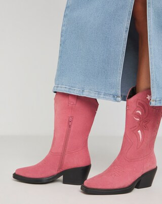 Rowan Suede Cut Out Detail Western Boots Wide E Fit Super Curvy Calf | Simply Be (UK)