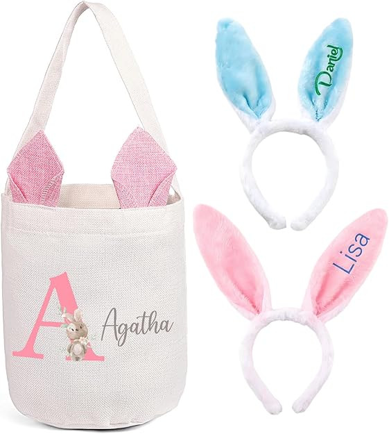 Custom Name Easter Basket: Personalized Easter Baskets for Girls Boys - Photo Name Bunny Bag Kids... | Amazon (US)
