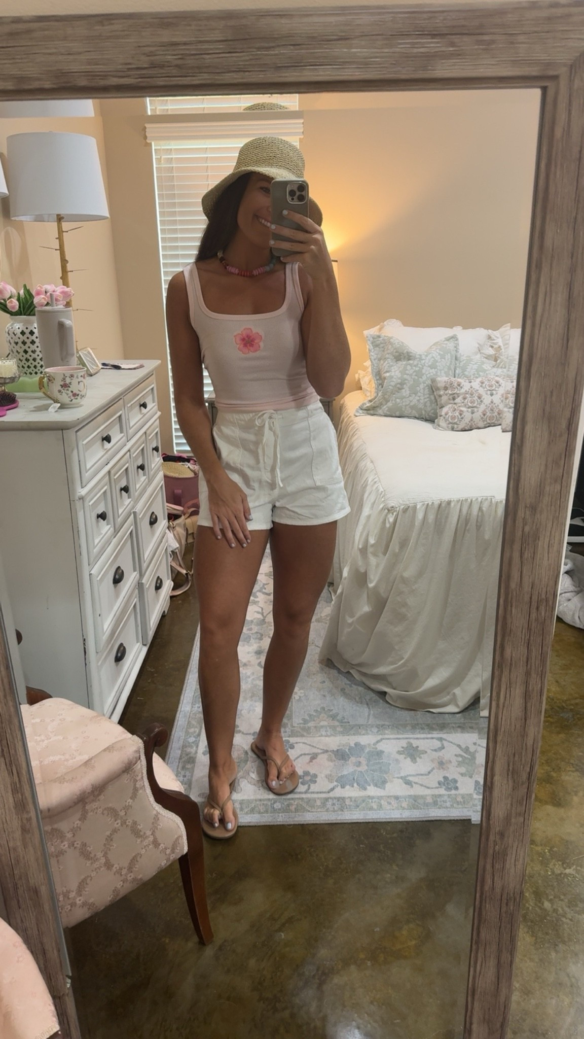 Hat & Tank: Target
(Size down in tank. Wearing S/M in hat) 
Shoes: Amazon (true to size) 
Shorts: These Three Boutique (can’t link) 
Necklace: Shein 
#vacayoutfit #summeroutfit