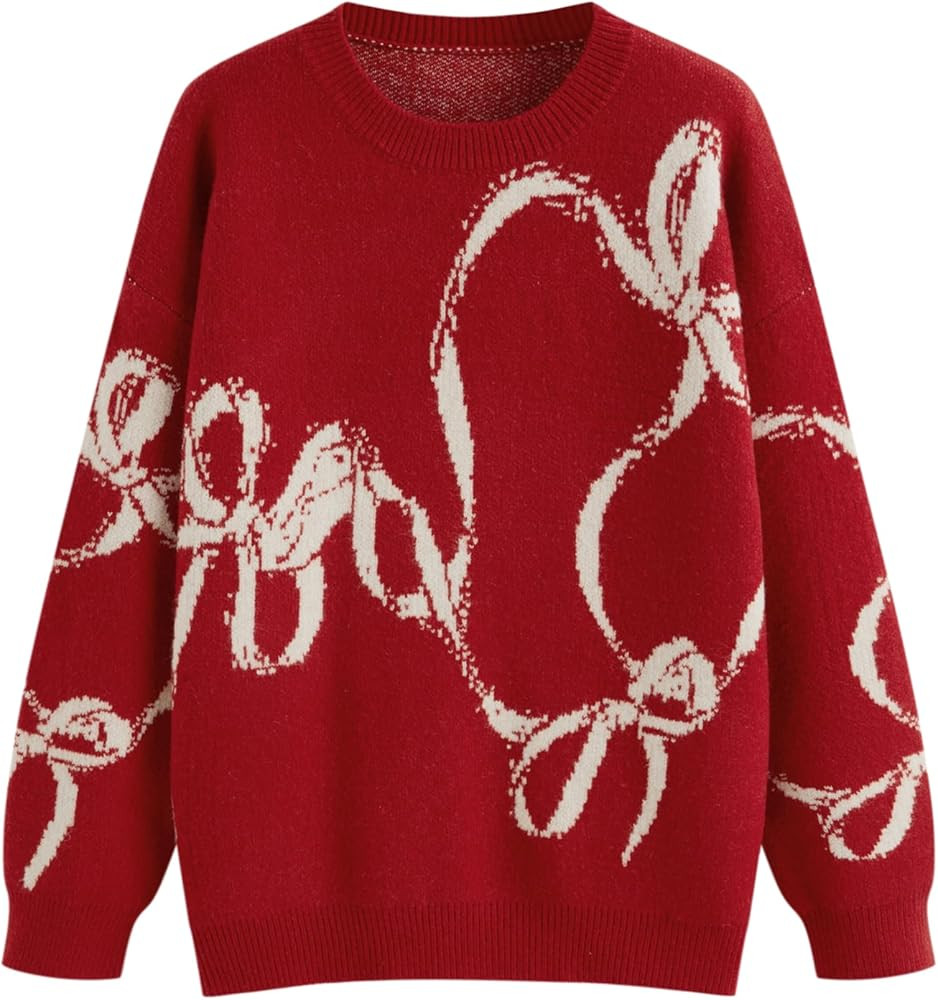 CIDER Womens Sweater Bow Knot Cute Y2k Long Sleeve Crew Neck Pullover Tops | Amazon (US)