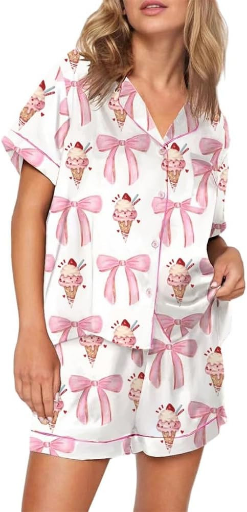 Juakoso Women Sweet Bow Pajamas Sets Short Sleeve Button Down Pjs Sets Cute 2 Piece Lounge Sets Y... | Amazon (US)