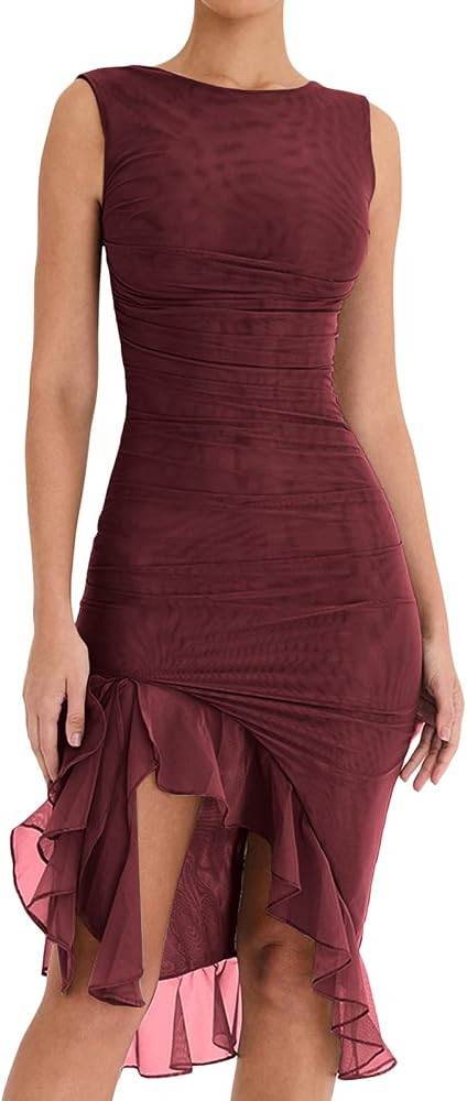 Juakoso Women Y2k Spaghetti Strap Maxi Dress Low Cut Ruffle Cami Long Dress Open Back Bodycon Dre... | Amazon (US)