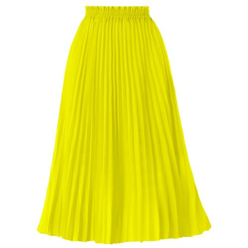 GOOBGS Women's Pleated A-Line High Waist Swing Flare Midi Skirt Yellow Large | Amazon (US)
