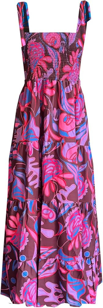 kinstell Women's Summer Boho Spaghetti Strap Square Neck Ruffle Casual Flowy Long Dress Beach Swi... | Amazon (US)