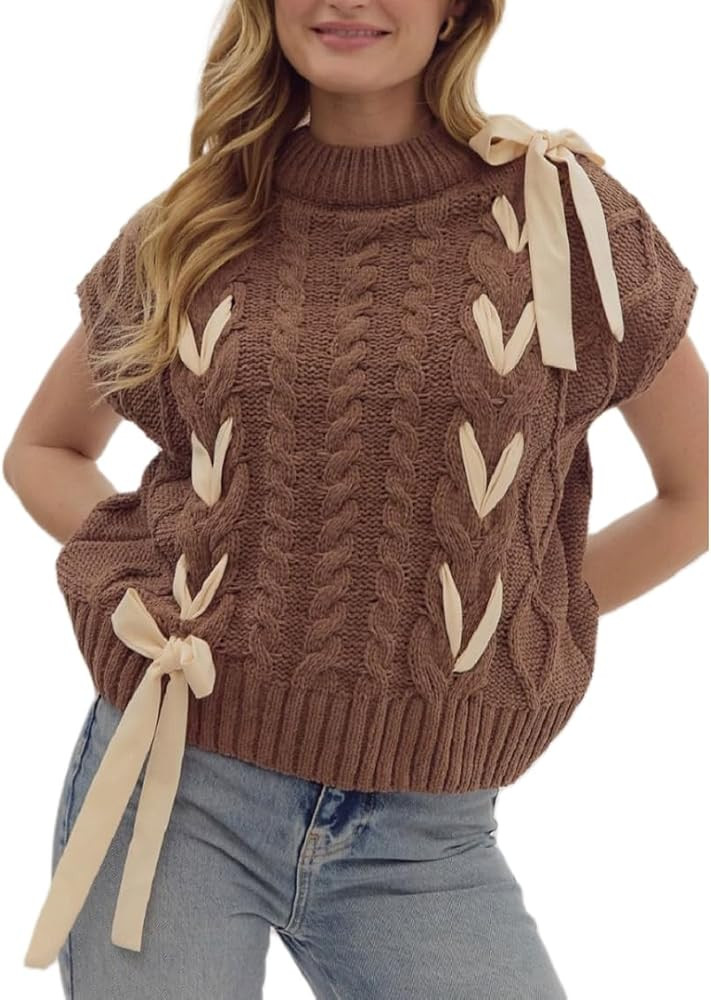 Women Sleeveless Lace Up Ribbon Sweater Mock Neck Cap Sleeve Knit Vest Cute Bow Crochet Pullover ... | Amazon (US)