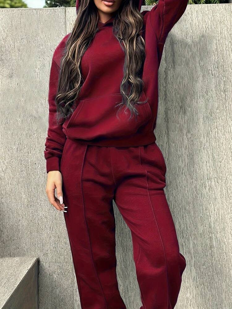 Plus Size 2pcs Women's Fashion Solid Color Hoodie Sweatshirt And Straight Leg Pants Set, Autumn/Winter | SHEIN