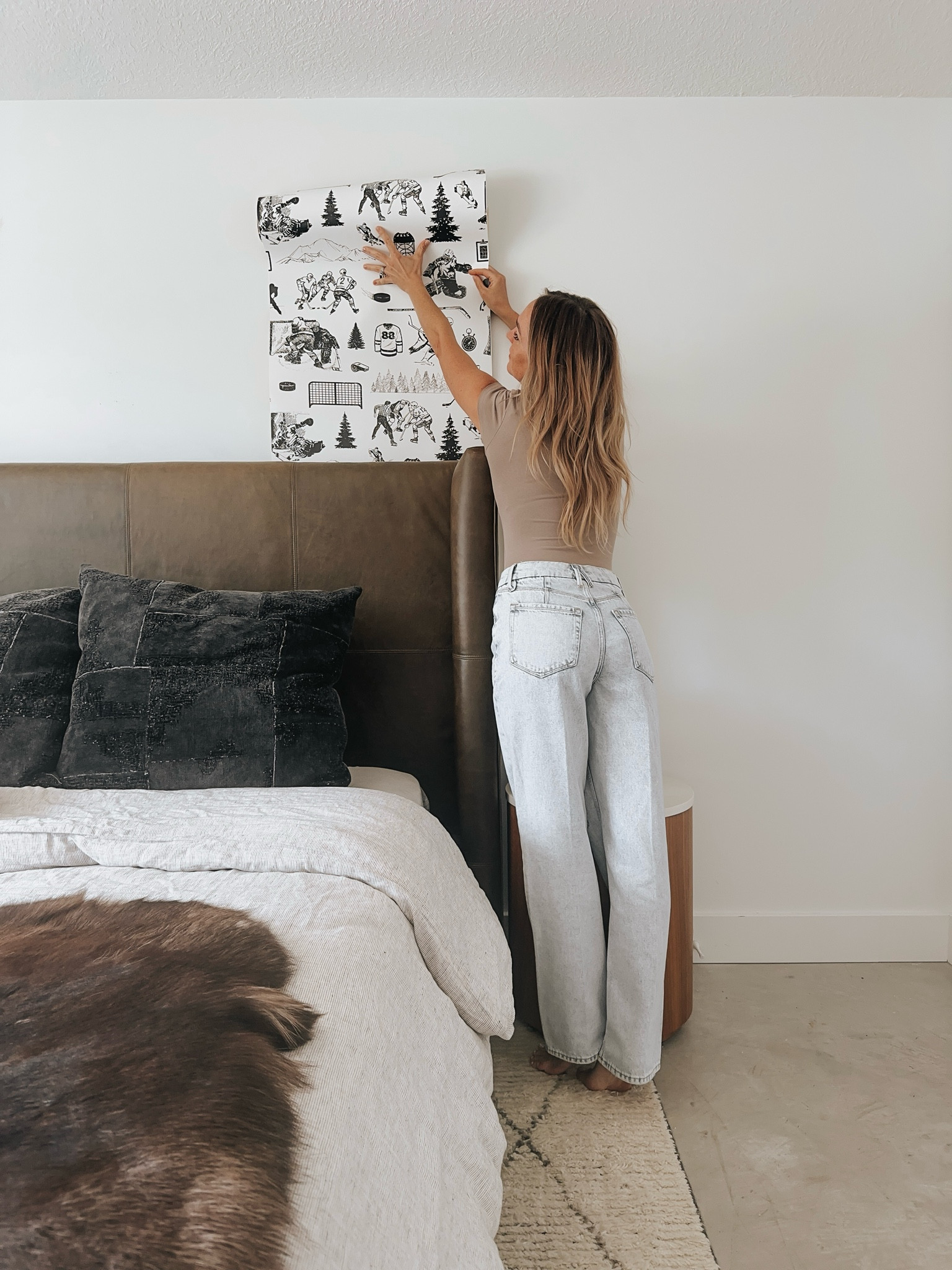 CUTIE wide leg, high waist distressed denim! Size 2 down. I am normally a 4 and bought a 00. 
Also: bedroom inspiration! Leather bed, cushy rug, organic bedding. 🖤

#LTKOver40 #LTKHome