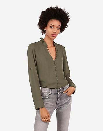 Slim Fit Ruffle Collar Portofino Shirt | Express