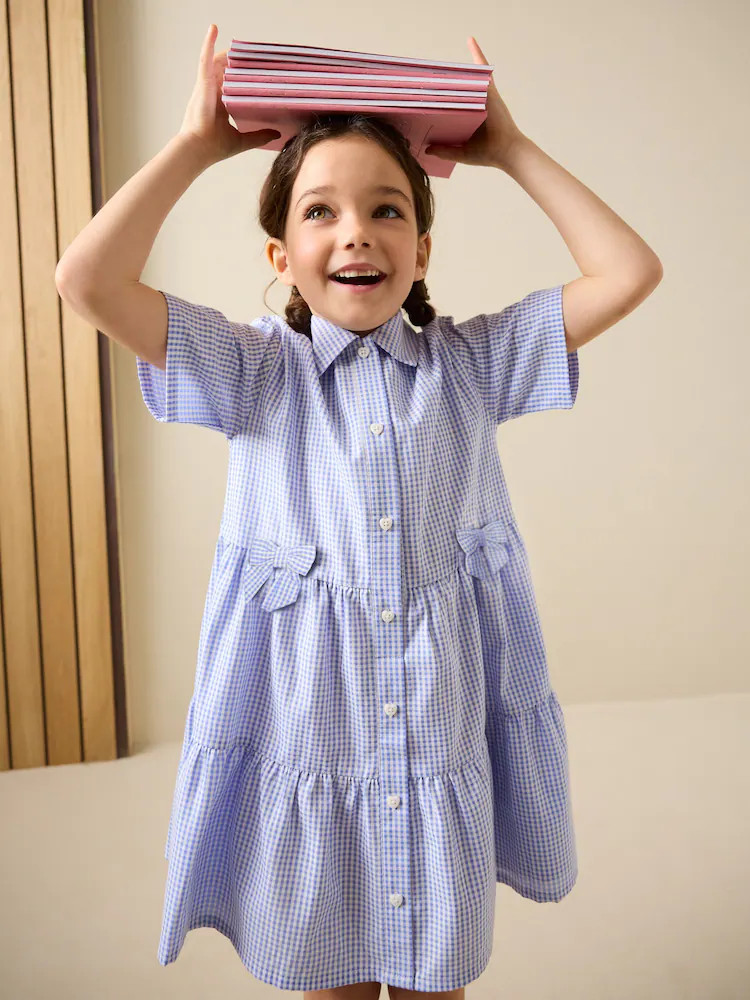 Blue Cotton Rich Utility Bow Gingham School Dress (3-14yrs) | Next US