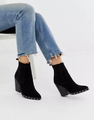 ASOS DESIGN Relative suede studded heeled western boots in black | ASOS US