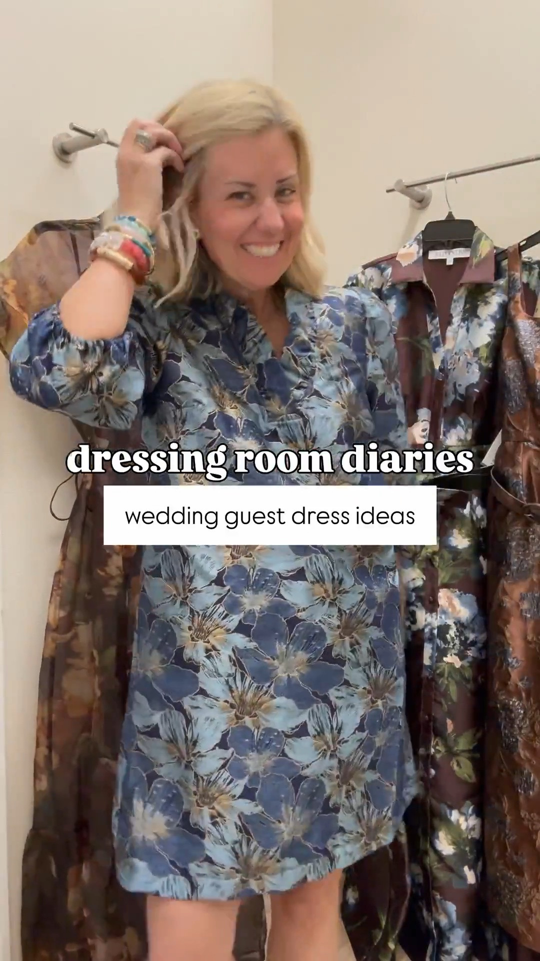 Dressing Room Diaries..wedding guest dress ideas!
Sizing:
Blue Floral Mini - small
Brown Organza - 4
Brown Floral - 4
Navy Satin Shirtdress - 4 
Printed Chiffon Shirtdress - 8 need 4
Snakeskin Metallic - 4 need 2
Chambray Corset - small need xs