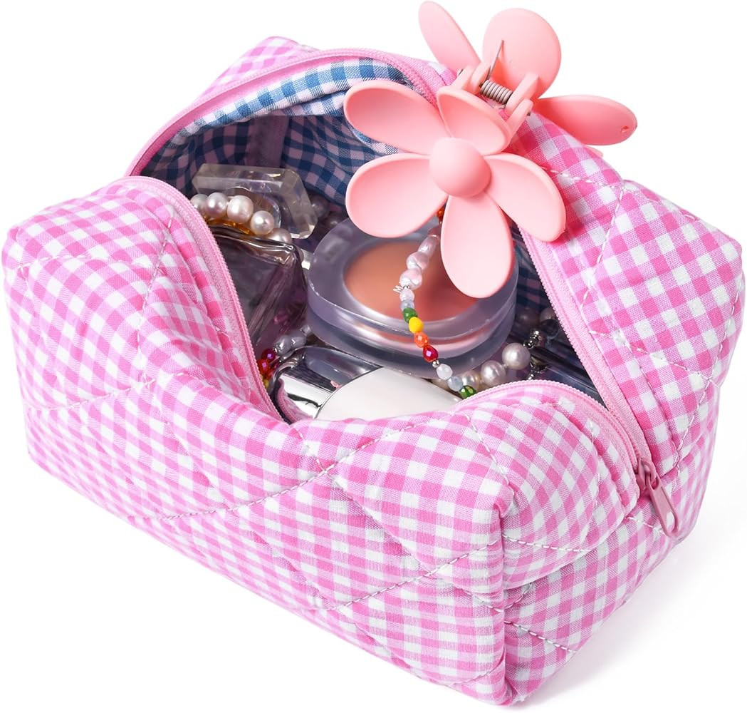 Quilted Makeup Bag Pink Checkered Cosmetic Bag Cute Puffy Coquette Makeup pouch Aesthetic Travel ... | Amazon (US)