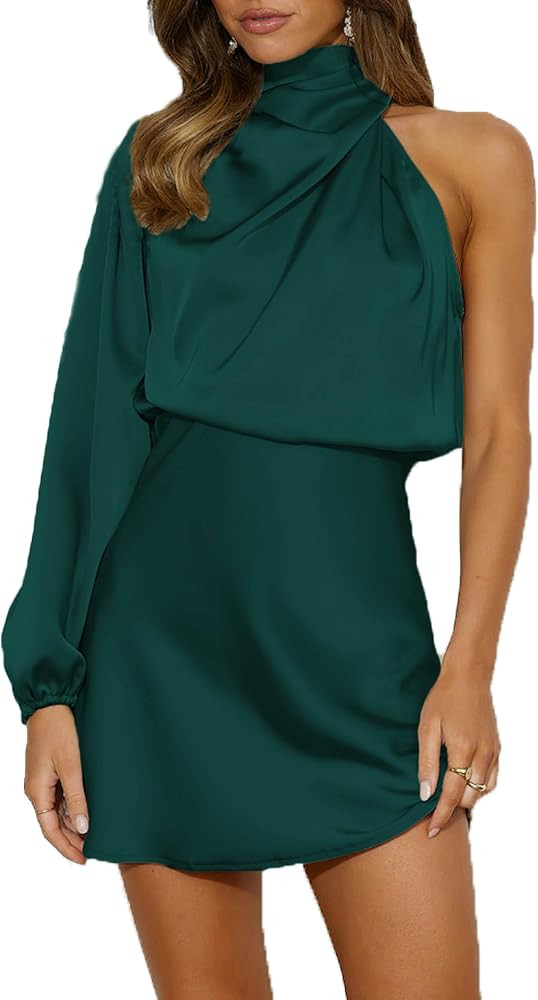 Women's Satin Long Sleeve One Shoulder Mini Dress Silk One Sleeve Turtle Neck Cut Out Cocktail Sh... | Amazon (US)