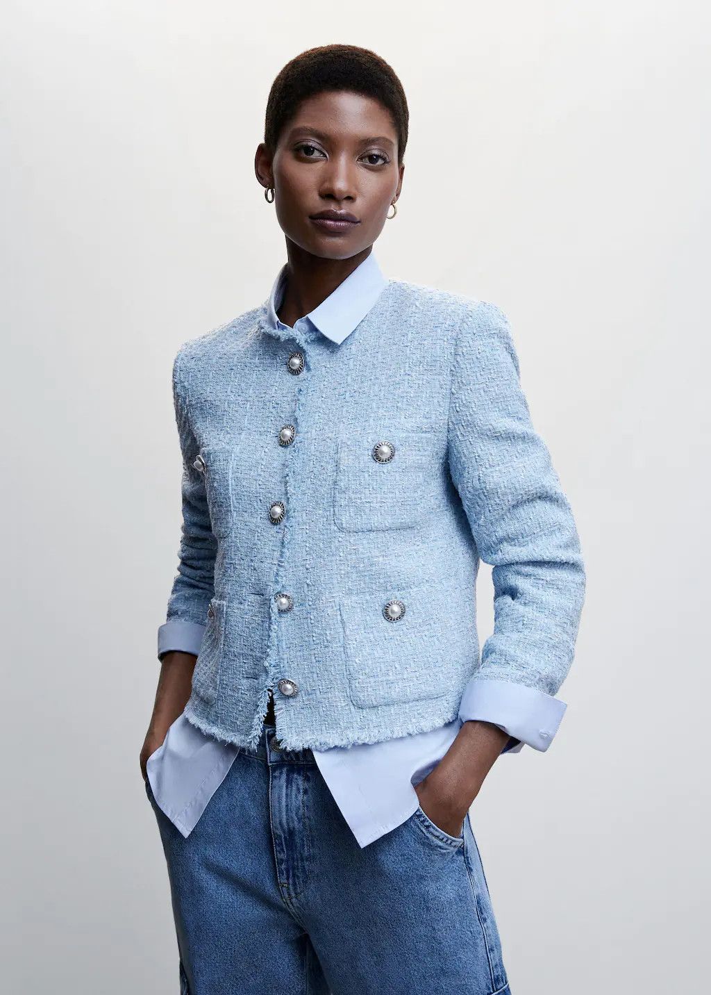 Pocket tweed jacket | Blue Tweed Blazer | Blue Tweed Jacket | Work Outfit | Spring Outfits 2023 | MANGO (US)