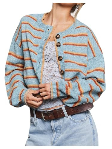 GORGLITTER Women's Striped Button Up Cardigan Sweaters Long Sleeve Fall Cropped Cardigans | Amazon (US)