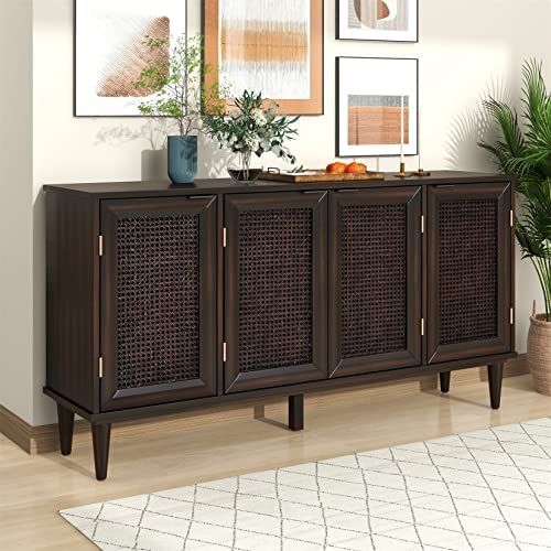 Buffet Cabinet with 4 Rattan Doors Large Freestanding Sideboard Storage Cabinet Entryway Console ... | Amazon (US)