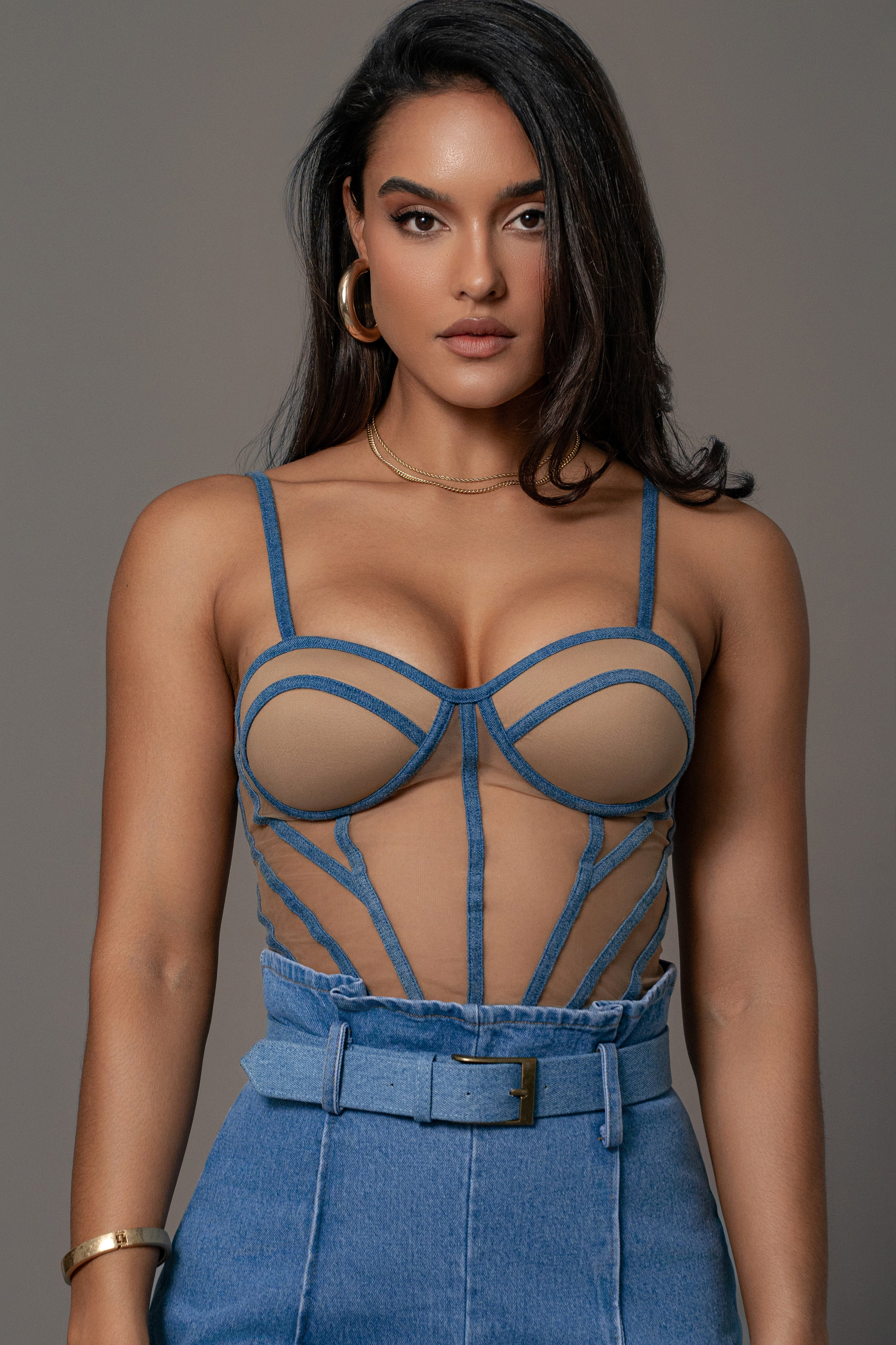 Tan Denim Illusion Mesh Bustier | JLUXLABEL