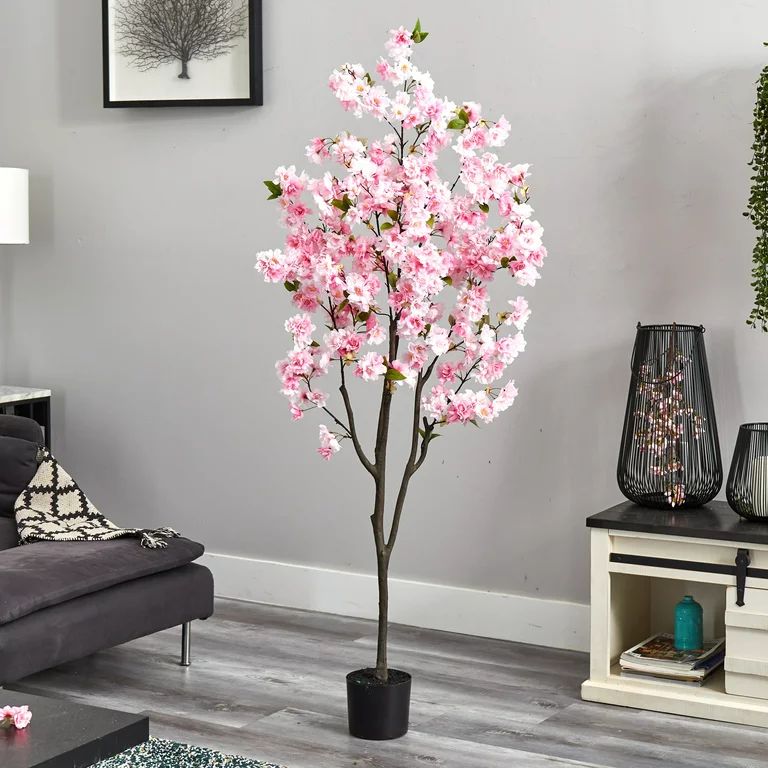 Nearly Natural 6' Pink Cherry Blossom Artificial Tree in Black Nursery Pot | Walmart (US)