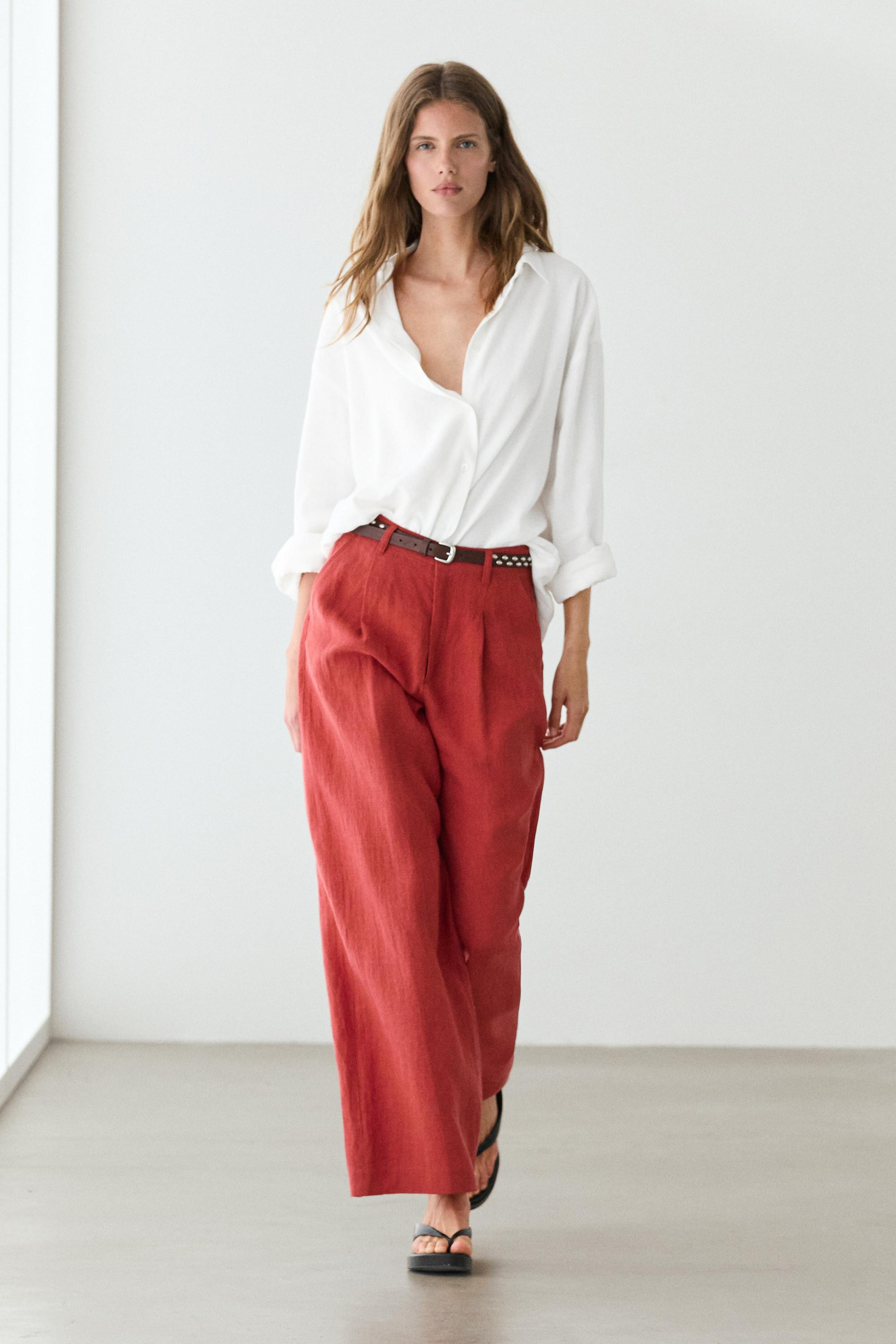 Loose fit high-waist linen trousers | Massimo Dutti UK