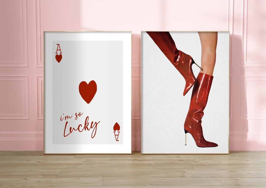 Trendy Set of 2 Prints, Lucky Girl Ace of Cards Poster, Red Boots Wall Art, Magazine Cover Aesthe... | Etsy (US)