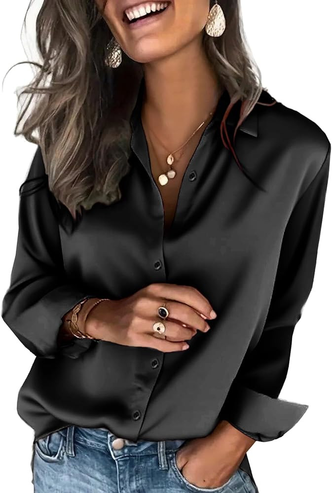 Zeagoo Satin Blouses for Women Silk Button Down Shirts Long Sleeve Business Casual Tops | Amazon (US)