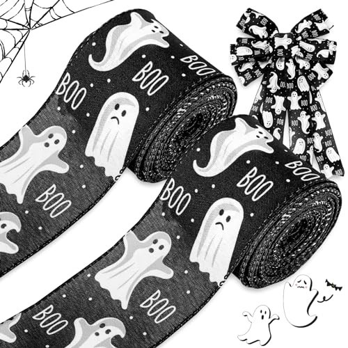 AnyDesign 24 Yards Halloween Wired Edge Ribbon 2 Roll Spooky Ghost Boo Theme Decorative Ribbon Black White Halloween Craft Fabric Ribbon for Wreath Bow Making DIY Gift Wrapping | Amazon (US)