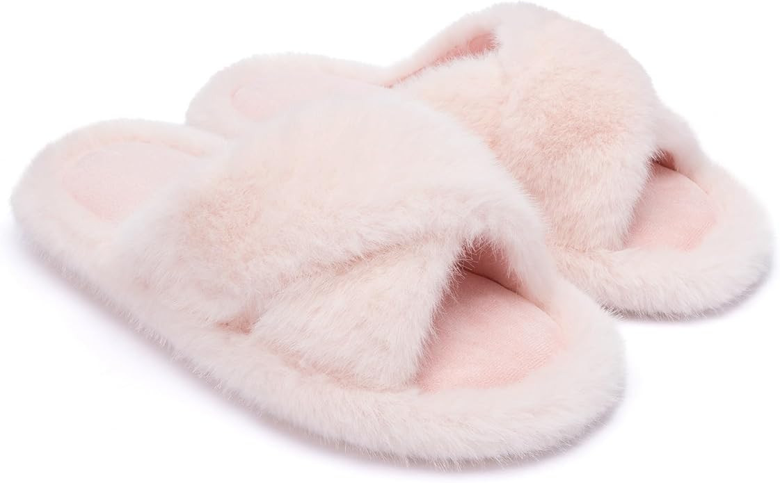Chantomoo Women's Slippers Cross Band Fuzzy Slippers Memory Foam Slippers for Women Plush Comfy B... | Amazon (US)
