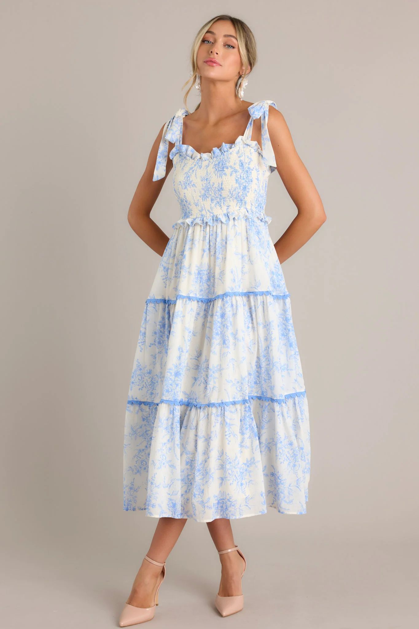 Meadow Serenade Blue Floral Toile Midi Dress | Red Dress