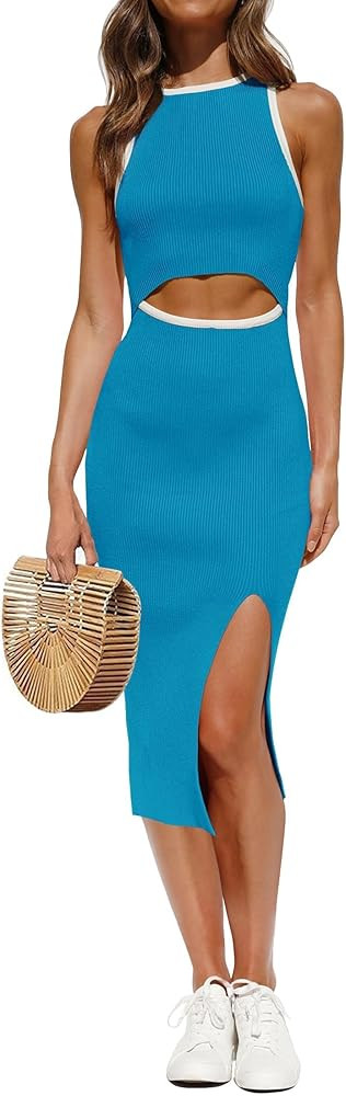 ZESICA Women's Summer Bodycon Sweater Dress Sleeveless Cut Out Contrast Color Side Slit Pencil Dr... | Amazon (US)