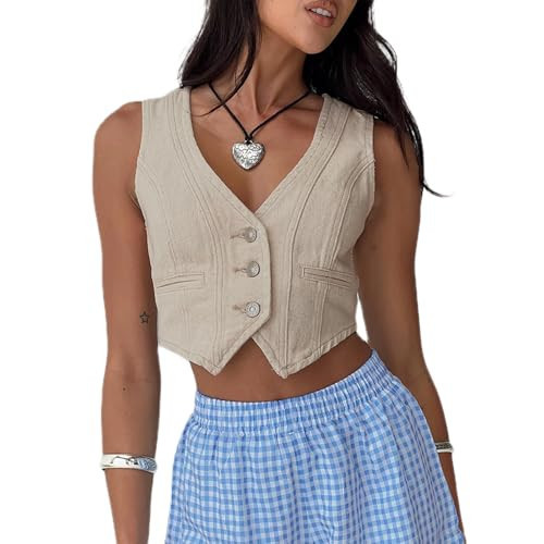 MINNZIZ Women Sleeveless Crop Denim Vest Solid Color V Neck Button Jean Tank Top Retro Y2K Streetwear Going Out Waistcoat（Beige, L） | Amazon (US)