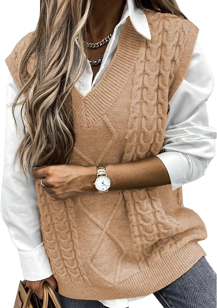 NALANISA Women V Neck Sleeveless Oversized Sweater Vest Casual Loose Cable Knit Sweaters Tank Pul... | Amazon (US)