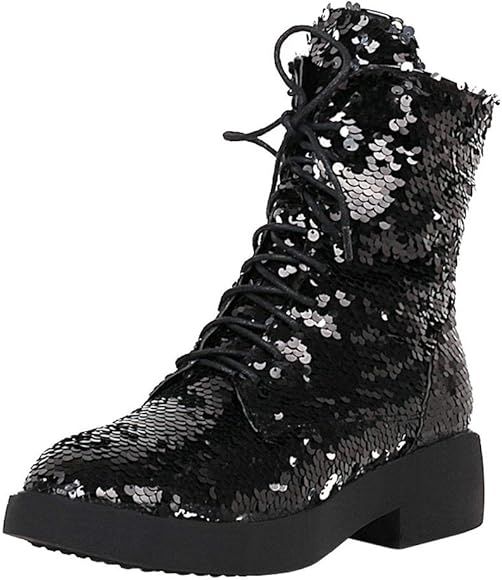 Caradise Womens Lace Up Glitter Combat Boots Chunky Heel Sequin Ankle Booties | Amazon (US)
