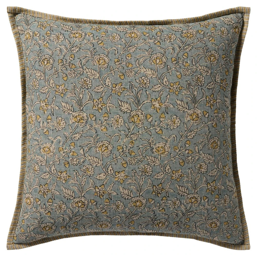 Isari Updated Traditional Light Blue Linen Floral Throw Pillow - 22x22 | Kathy Kuo Home