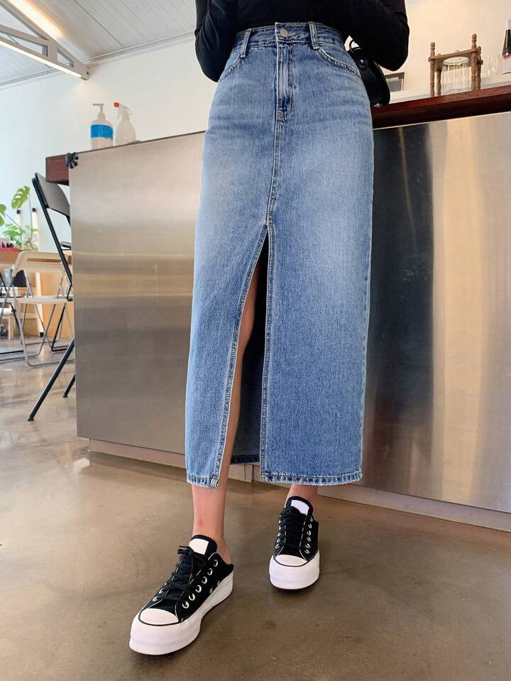 DAZY High Waist Split Thigh Denim Skirt | SHEIN