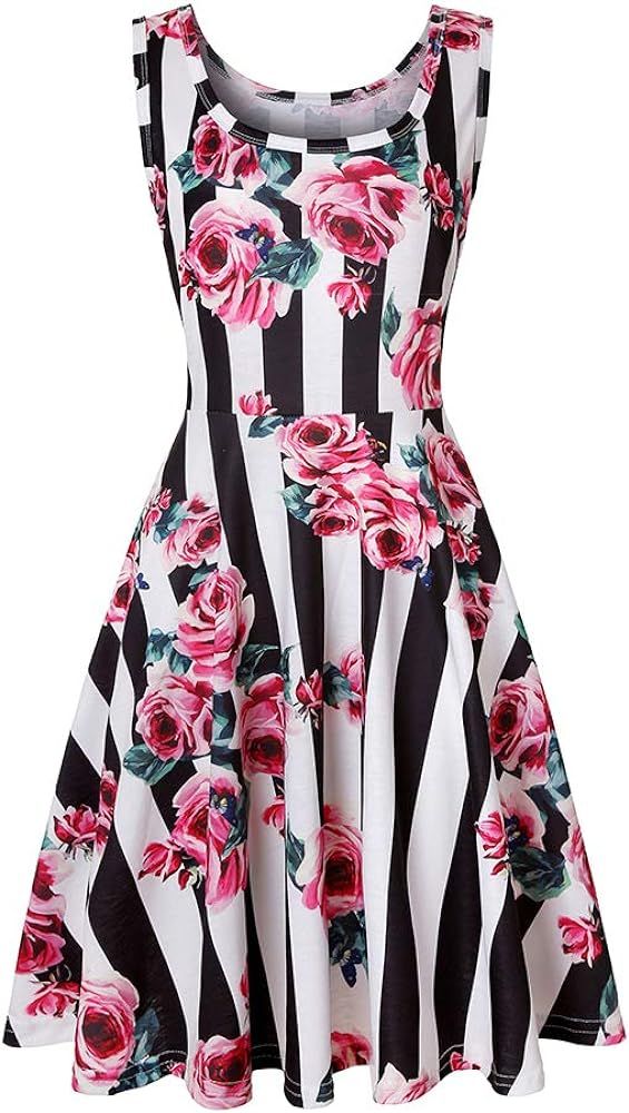 Sleeveless Midi Dress Tank A-Line Dress Casual Floral Printed Beach Flowy Sundress | Amazon (US)