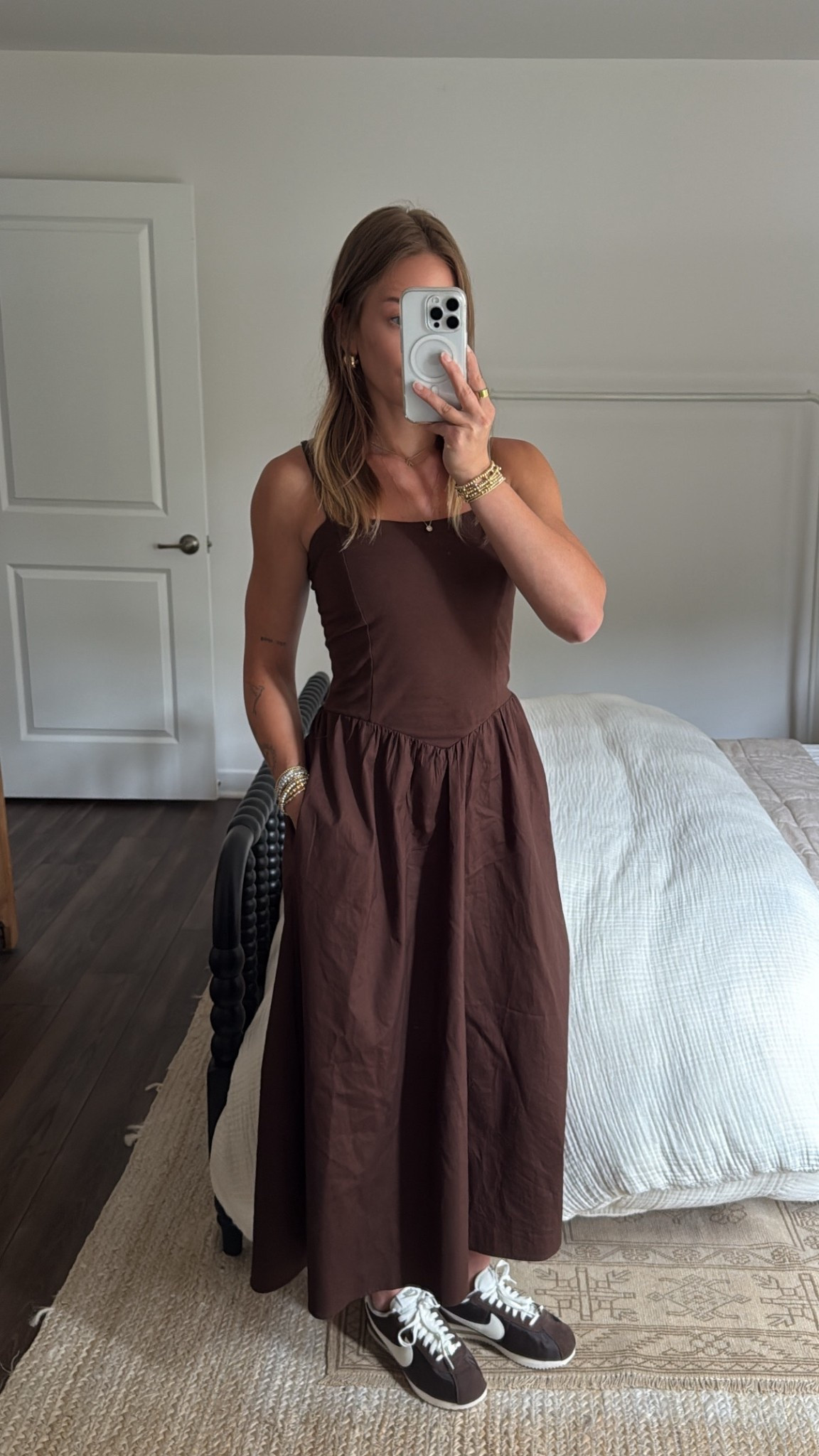 8/19/25 One of my favorite ways to style my Nike Cortez sneakers 🤎 Paired them with a drop-waist brown dress I found at TJ Maxx (such a steal!). I couldn’t find the exact one, but I’m linking a few similar styles that give the same cozy, neutral vibe ✨

#LTKStyleTip #LTKShoeCrush