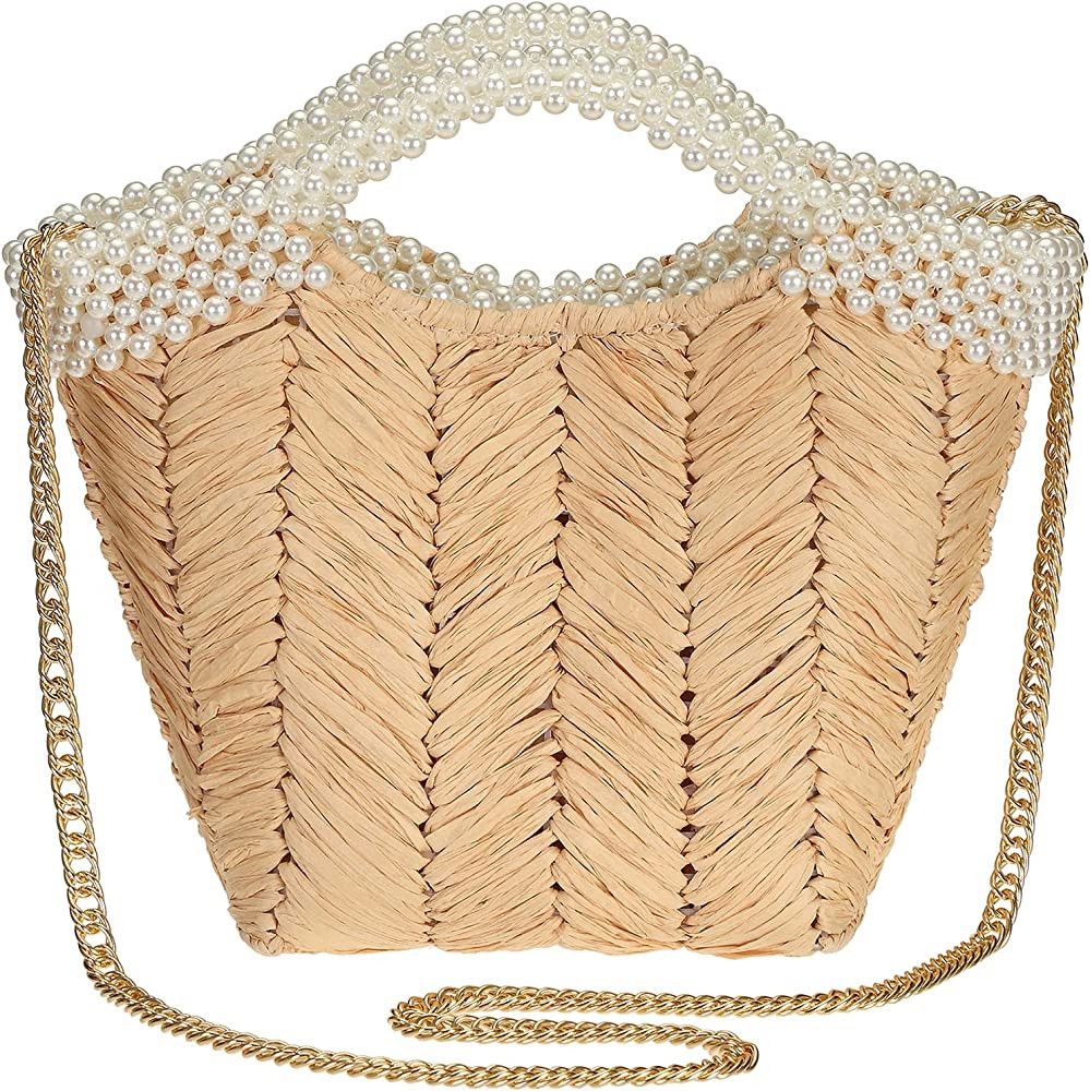 FUSMIC Women's Handbag Artificial Pearl Handle Chain Strap Straw Rattan Purse Shoulder Bag | Amazon (US)