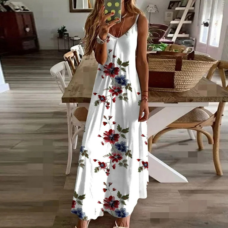 Titcea Summer Dresses for Women 2026 Floral Printed Sleeveless V Neck Sexy Sling Maxi Dresses Haw... | Walmart (US)