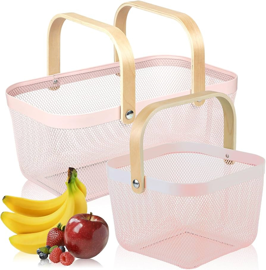 Coloful Metal Mesh Wire Basket with Foldable Wooden Handle,Bin Garden Fruit Vegetable Storage Han... | Amazon (US)
