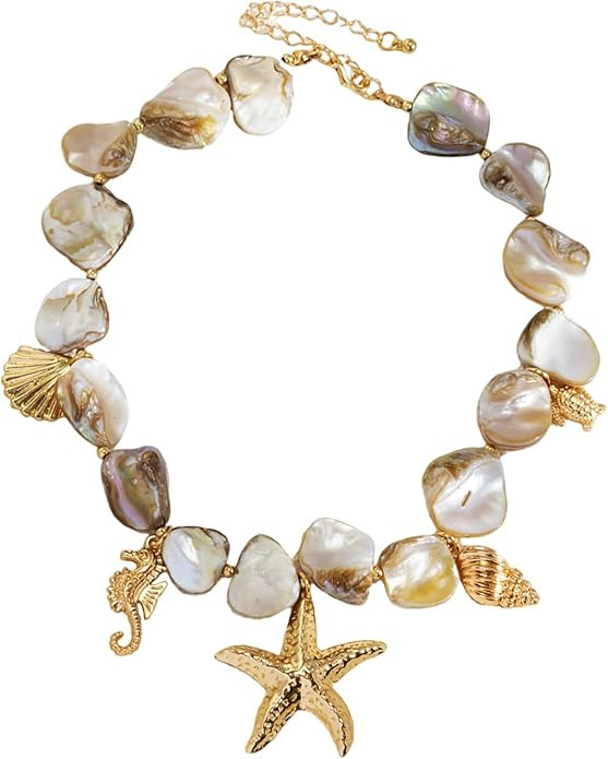 Gold Starfish Shell Mermaid Necklaces for Women,Boho Seashell Natural Stone Charming Choker,Exagg... | Amazon (US)