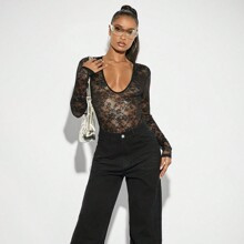 Women Black Sexy Lace Long Sleeve Bodysuit For Nightclub SpringSummer Singles Night Party Date | SHEIN