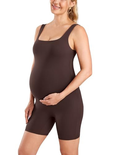 MOMANDA Women' s Maternity Bodysuit Sleeveless Shorts Jumpsuit Square Neck Tank Top for Pregnancy Hot Fudge Brown Small | Amazon (US)