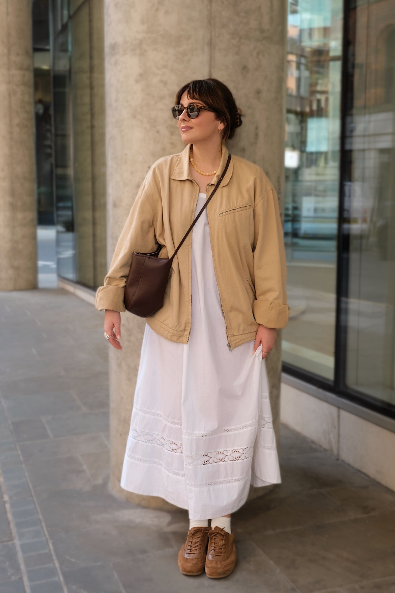 White summer dress + a beige bomber 🫶🏼

#summerdress #bomberjacket #suedetrainers #springlook #minimalstyle #everydaylook

#LTKuk #LTKspring #LTKstyletip