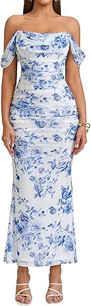 KUTUMAI Off The Shoulder Maxi Long Dress, Bodycon Ruched Corset | Amazon (US)