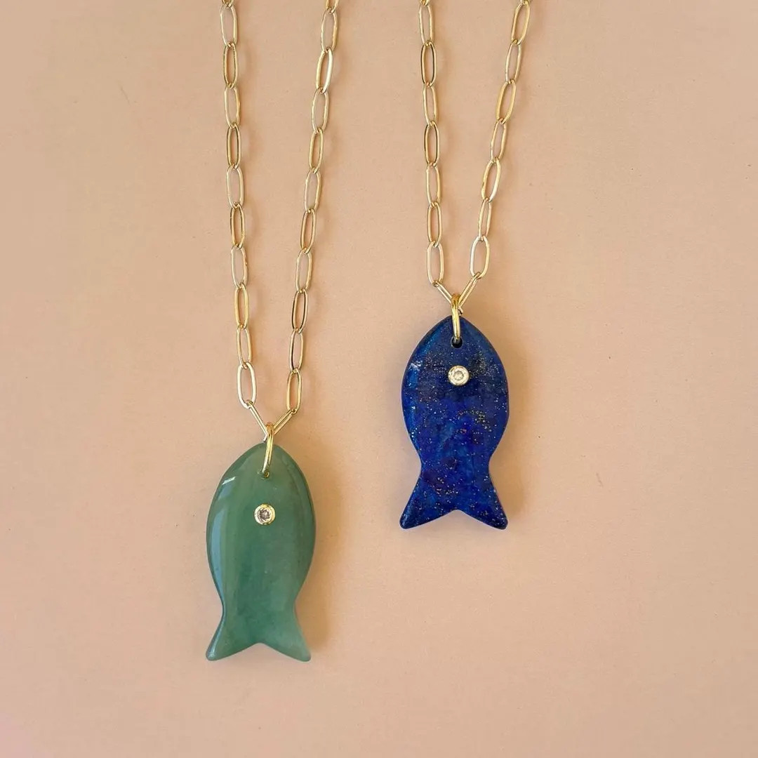 Gemstone Fish Charm Necklace Lapis Fish on Gold Paperclip Chain Aventurine Fish Pendant Lucky Fis... | Etsy (US)