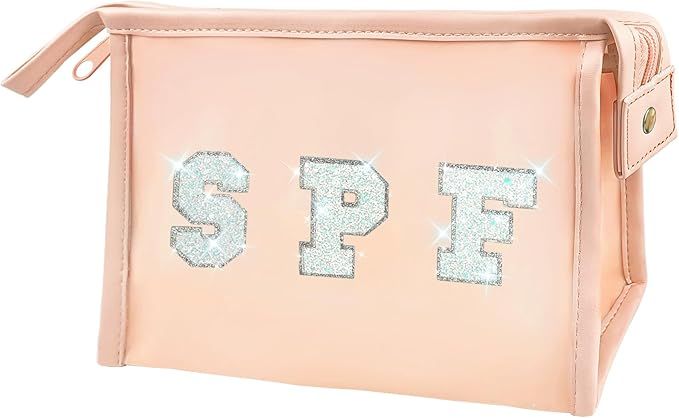 Clear Makeup Bag Sunscreen Pouch with Preppy Letter Patch for Women Teenage Girls Cute Travel Cos... | Amazon (US)