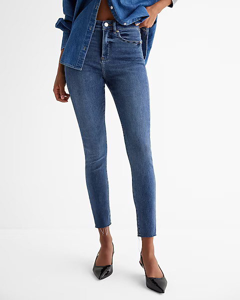 High Waisted Medium Wash Raw Hem Skinny Jeans | Express