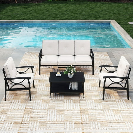 Heynemo 4 Piece Outdoor Patio Furniture Set, Metal Patio Conversation Set with Coffee Table for Porch Backyard Garden, Black | Walmart (US)